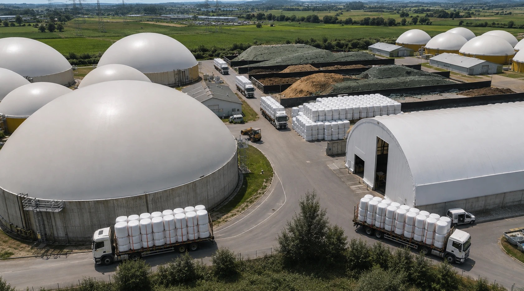 Aerial view of a Bio-CNG plant with digester domes and biomass storage