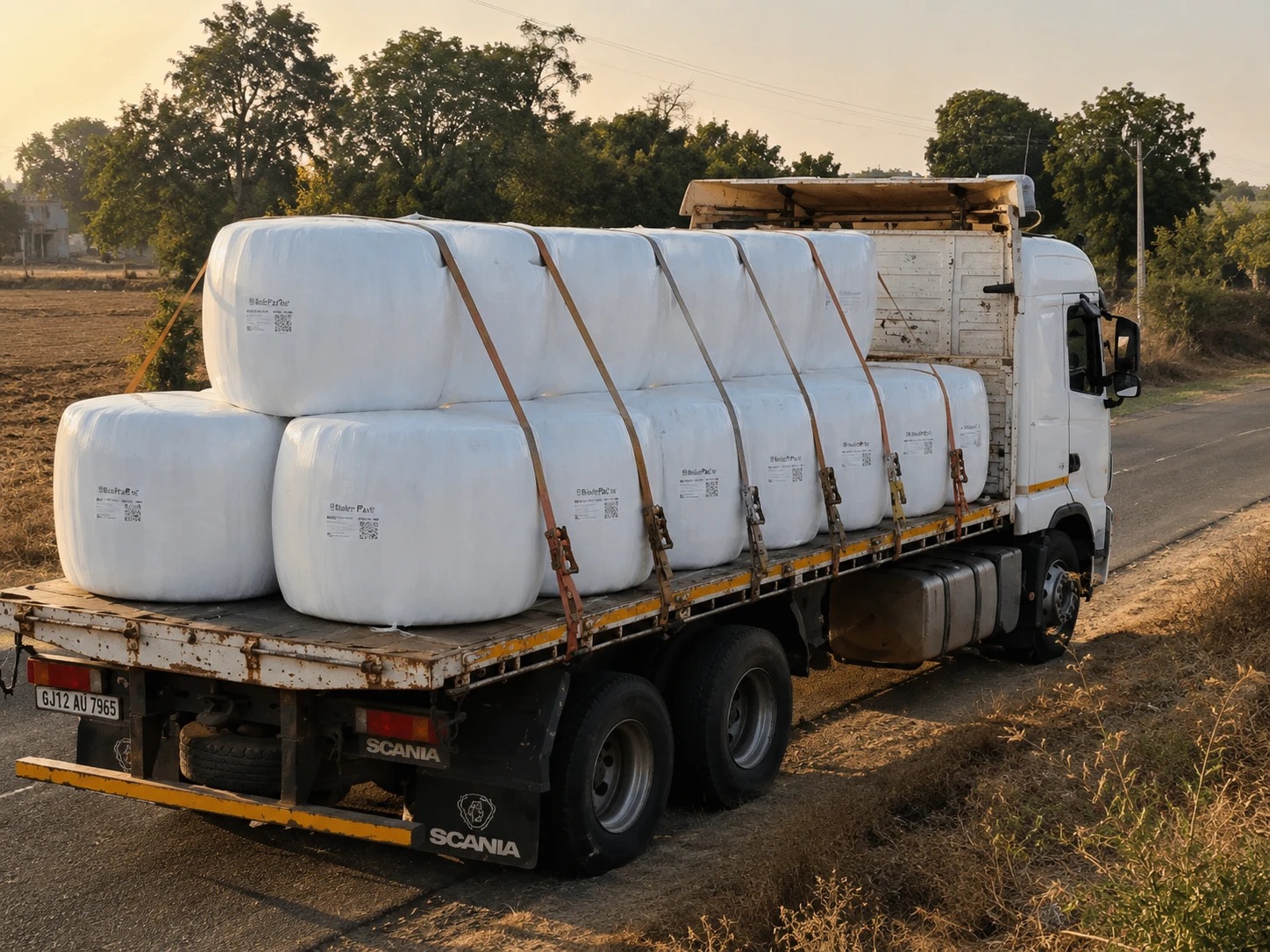 Truck loaded with white round silage bales