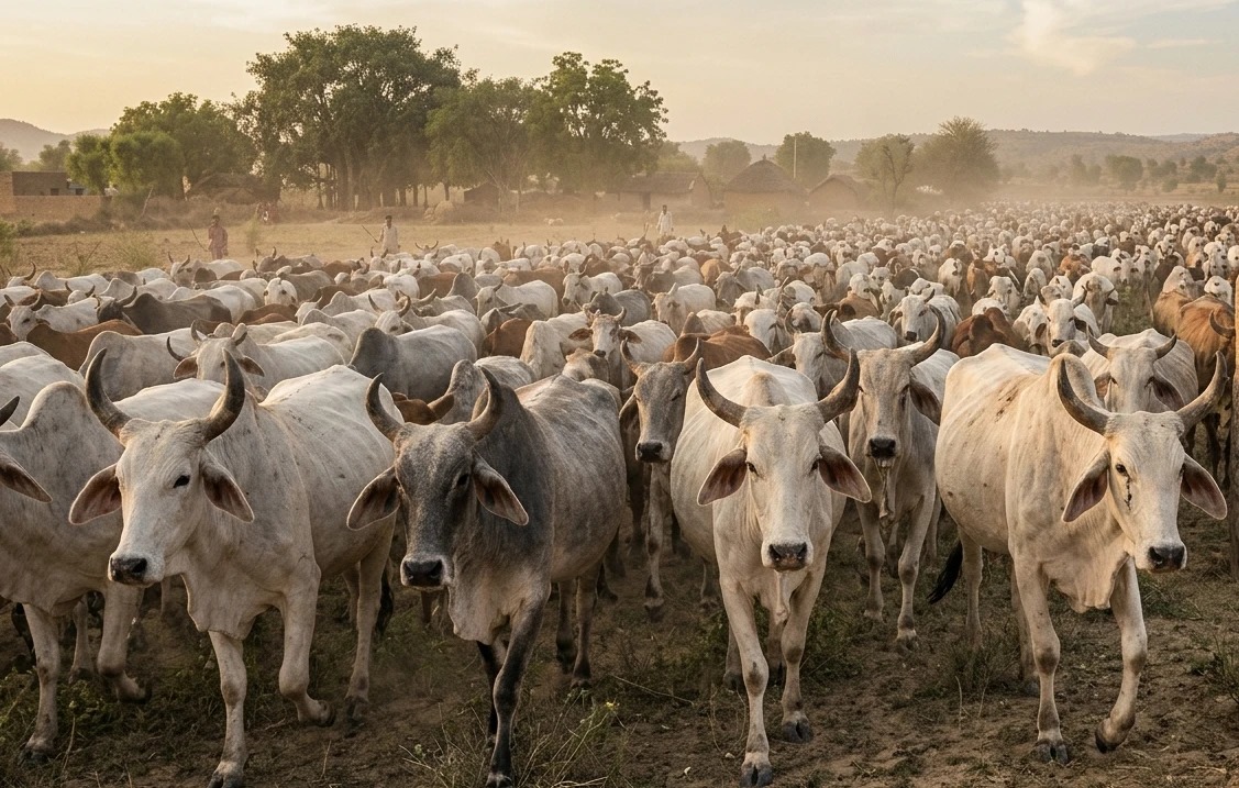 Close-up of a large cattle herd walking toward camera in golden evening light
