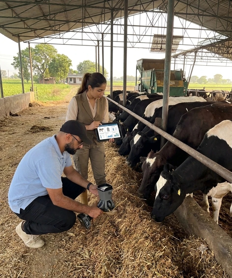 Agri-tech professionals using a tablet dashboard and smart feed dispenser at a dairy shed