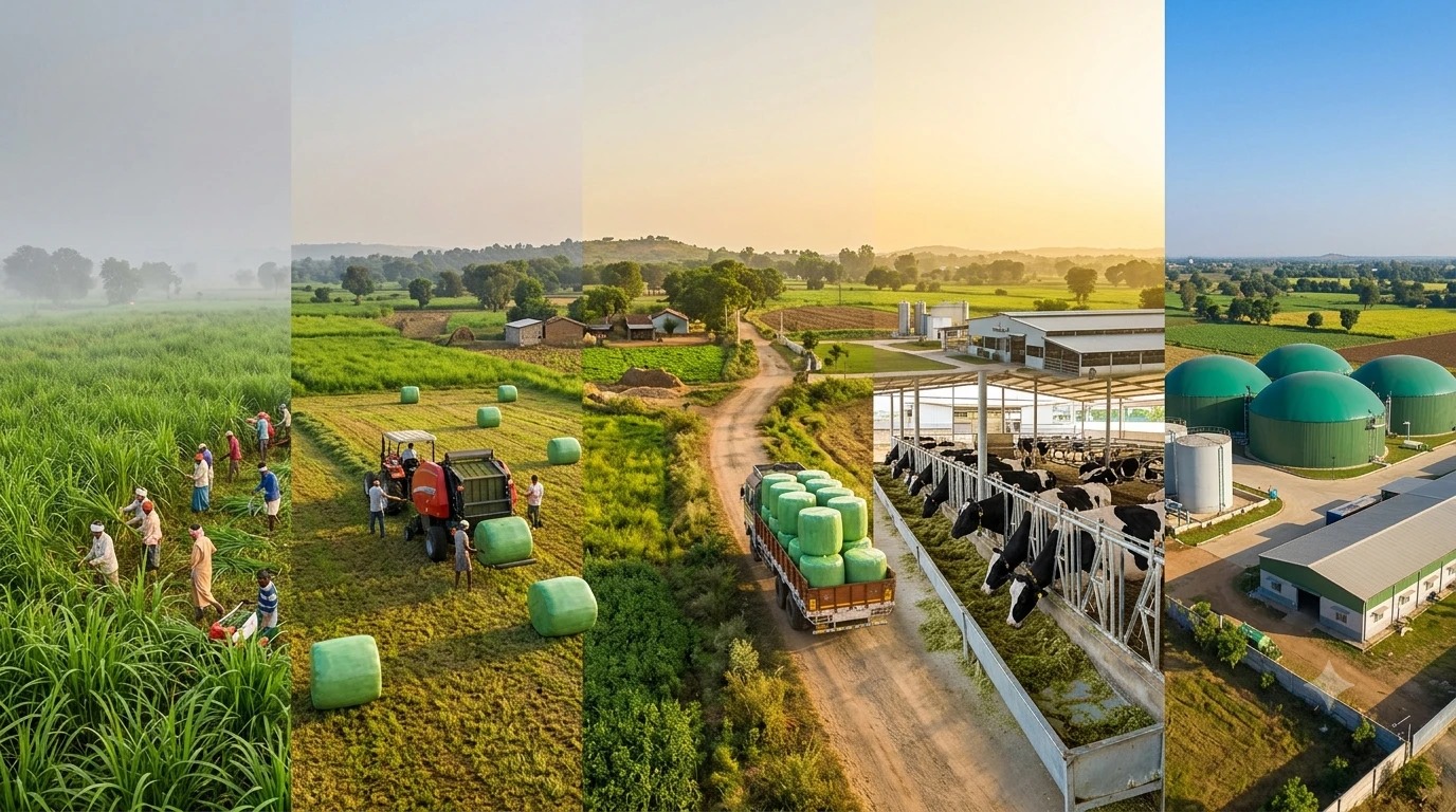 Full value chain from harvest and silage baling to dairy feeding and a Bio-CNG plant