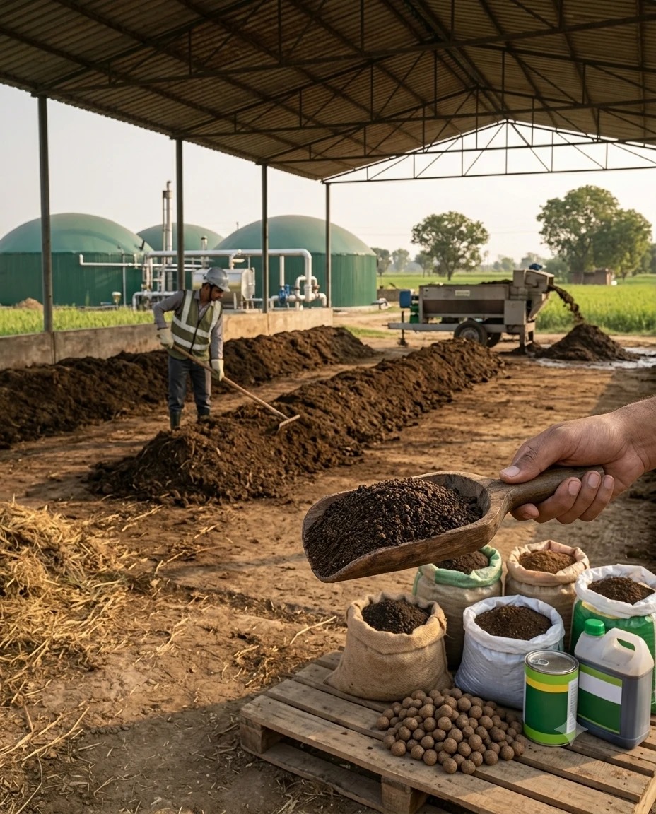 Bags of organic manure, pellets and liquid fertilizer produced from digester byproduct at a Bio-CNG plant